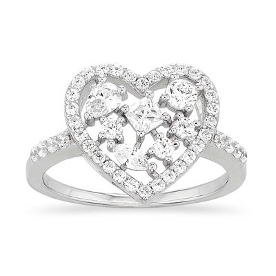 Rhodium Plated Sterling Silver Cubic Zirconia Heart Ring