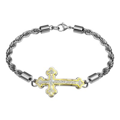 Two-Tone Stainless Steel and Cubic Zirconia 8.75" Cross Bracelet