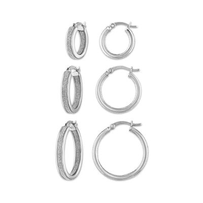 Sterling Silver 3-Pair Glitter Hoop 15, 20 & 24MM Earrings