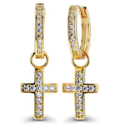 Luxe Layers 14KT Yellow Gold Plated Sterling Silver Round Cubic Zirconia 9X30MM Cross Hoop Earrings
