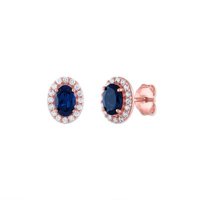 6X4MM Oval Blue Sapphire and Sapphire Birthstone Halo Stud Earrings in 10KT Rose Gold