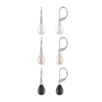 7MM Round Shell Pearl 3-Pair Drop & Dangle White/Black/Pink Earrings in Rhodium Plated Sterling Silver