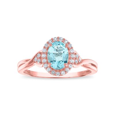 7X5MM Oval Aquamarine and White Sapphire Birthstone Halo Ring in 10KT Rose Gold