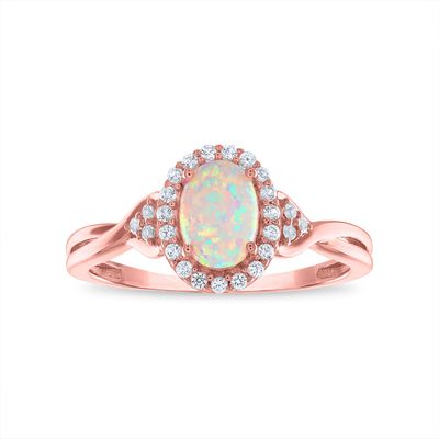 7X5MM Oval Opal and White Sapphire Birthstone Halo Ring in 10KT Rose Gold
