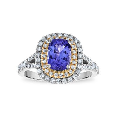 8X6MM Cushion Tanzanite and Diamond Halo Ring in 10KT White and Rose Gold