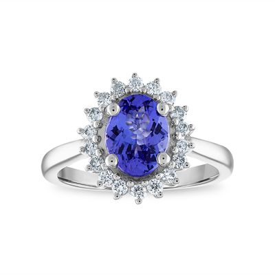 9X7MM Oval Tanzanite and Diamond Halo Oval Ring in 10KT White Gold