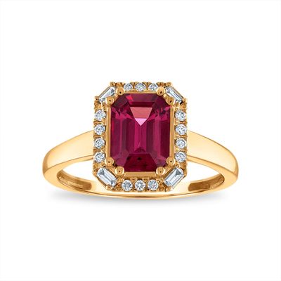 LoveSong 8X6MM Emerald Shape Rhodolite Garnet and Diamond Halo Ring in 10KT Yellow Gold