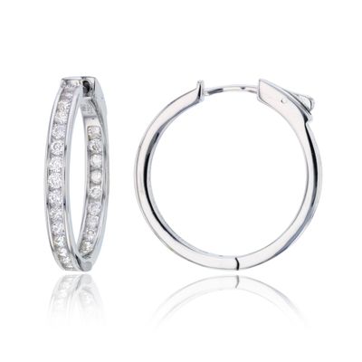 Sterling Silver Round Cubic Zirconia 25X3MM Safety Clasp In & Out Hoop Earrings
