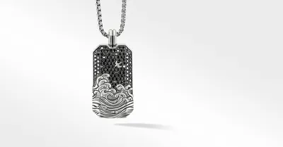 Waves Tag in Sterling Silver with Pavé Black Diamonds