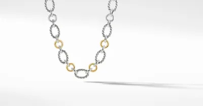 Cable and Smooth Chain Link Necklace in Sterling Silver with 18K Yellow Gold