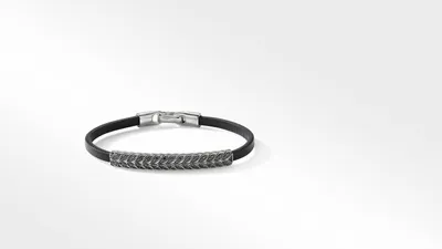 Chevron ID Black Leather Bracelet with Pavé Diamonds and Sterling Silver