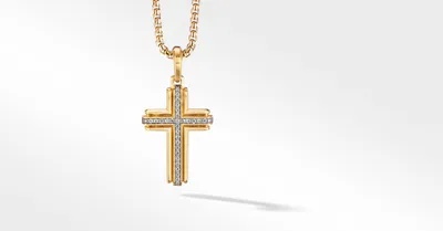 Deco Cross Pendant in 18K Yellow Gold with Pavé Diamonds
