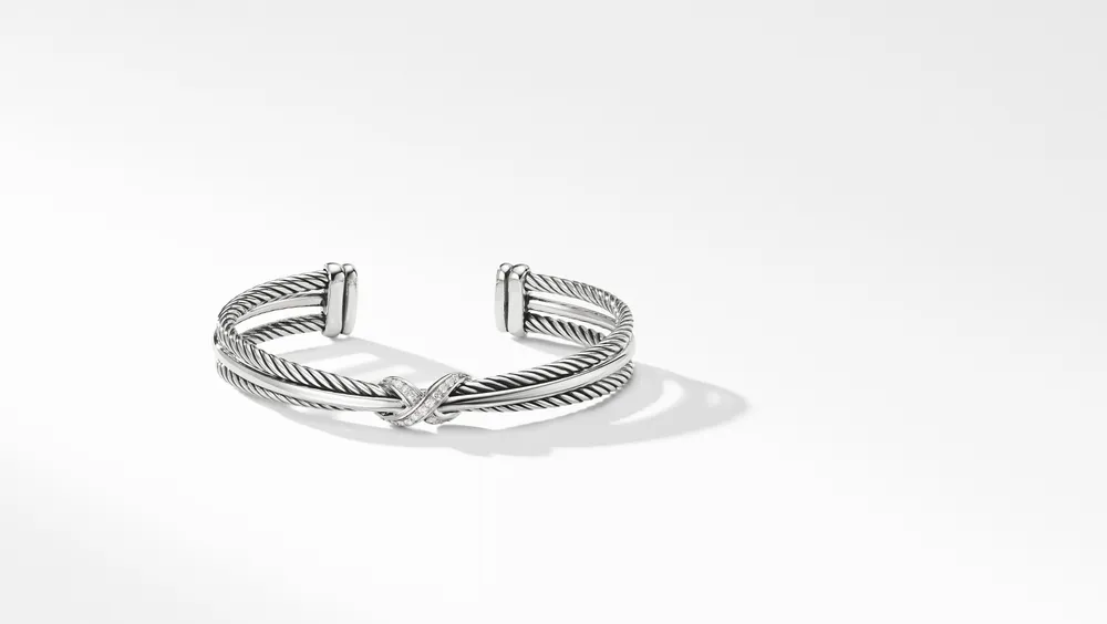 Crossover Buckle Two Row Bracelet in Sterling Silver with Pave Diamonds