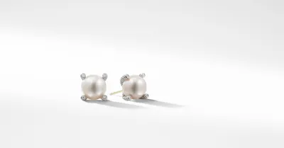 Cable Pearl Stud Earrings in Sterling Silver with Diamonds