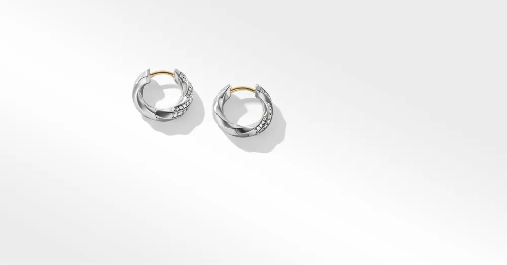 Cable Edge™ Huggie Hoop Earrings in Recycled Sterling Silver with Pavé Diamonds
