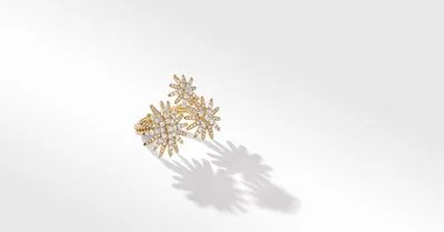 Starburst Three Station Ring 18K Yellow Gold with Full Pavé Diamonds