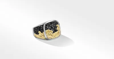 Waves Signet Ring Sterling Silver with 18K Yellow Gold and Pavé Black Diamonds