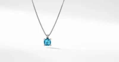 Chatelaine® Pendant Necklace in Sterling Silver with Blue Topaz and Pavé Diamonds