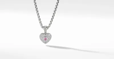 SY Heart Amulet in 18K White Gold with Pavé Diamonds and Pink Sapphire