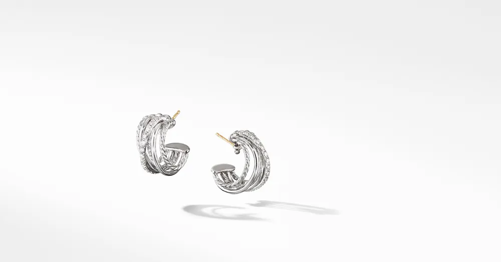 Crossover Shrimp Earrings in Sterling Silver with Pavé Diamonds