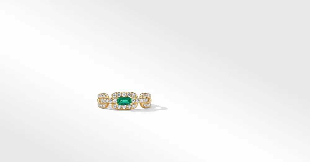 Stax Chain Link Stone Ring 18K Yellow Gold with Pavé Diamonds and Emerald