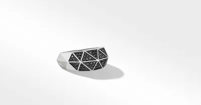 Torqued Faceted Signet Ring Sterling Silver with Pavé Black Diamonds