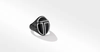 Cairo Signet Ring Sterling Silver with Black Onyx and Pavé Diamonds