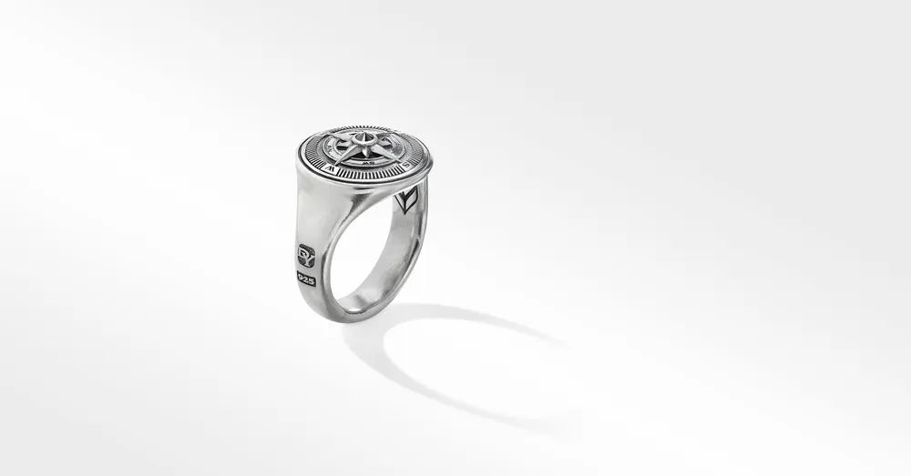 Maritime® Compass Signet Ring Sterling Silver with Center Black Diamond