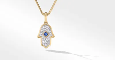 Hamsa Amulet in 18K Gold with Pavé Diamonds and Blue Sapphire