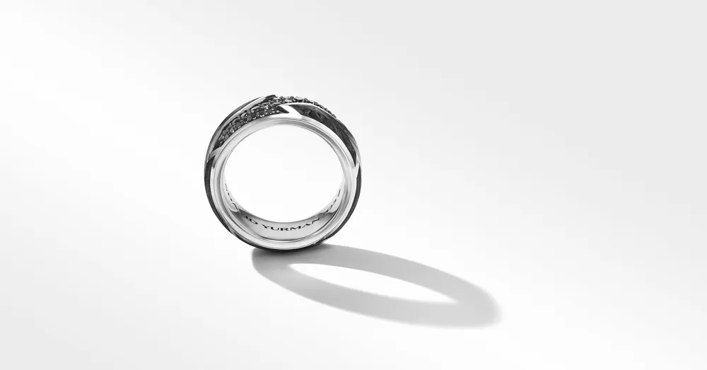 Forged Carbon Beveled Band Ring Sterling Silver with Pavé Black Diamonds