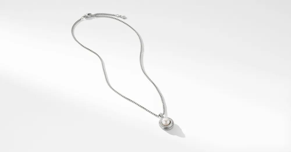 Crossover Pearl Pendant Necklace in Sterling Silver with Pavé Diamonds