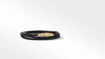 Chevron Triple Wrap Black Leather Bracelet with 18K Yellow Gold