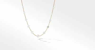 Pearl and Pavé Station Necklace in 18K Yellow Gold