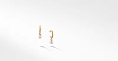 Petite Solari Hoop Drop Earrings in 18K Gold with Pearls and Pavé Diamonds
