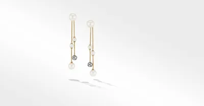 Pearl and Pavé Two Row Drop Earrings in 18K Yellow Gold with Diamonds