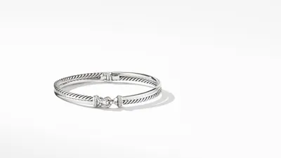 Crossover Buckle Two Row Bracelet Sterling Silver with Pavé Diamonds