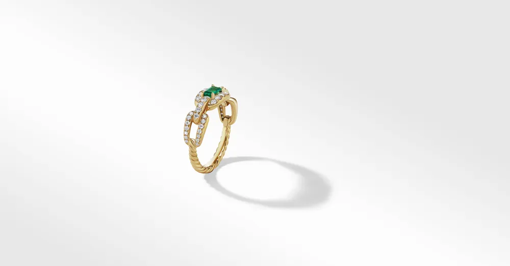 Stax Chain Link Stone Ring 18K Yellow Gold with Pavé Diamonds and Emerald