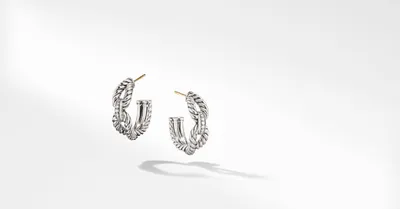 Cable Loop Hoop Earrings in Sterling Silver with Pavé Diamonds