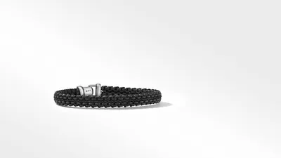 Woven Box Chain Bracelet Sterling Silver with Black Stainless Steel and Nylon