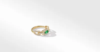 Stax Chain Link Stone Ring 18K Yellow Gold with Pavé Diamonds and Emerald