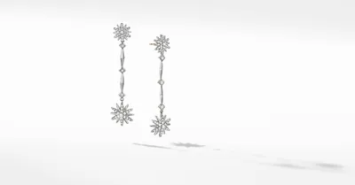 Starburst Stick Drop Earrings in Sterling Silver with Pavé Diamonds