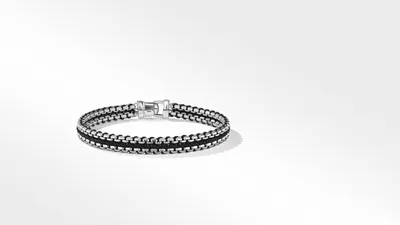 Woven Box Chain Bracelet Sterling Silver with Black Nylon