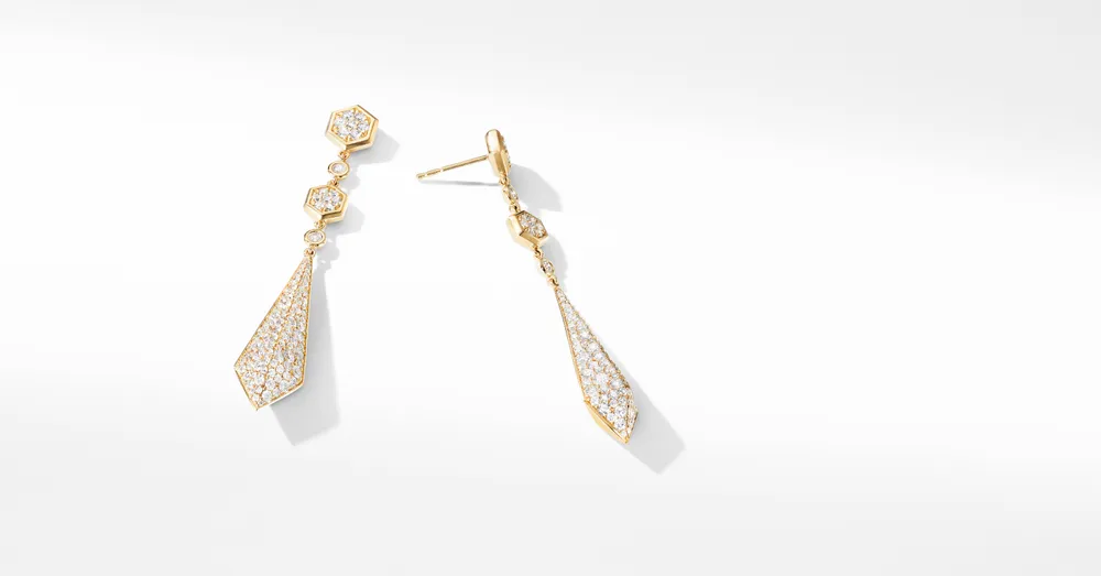 Modern Renaissance Drop Earrings in 18K Yellow Gold with Full Pavé Diamonds