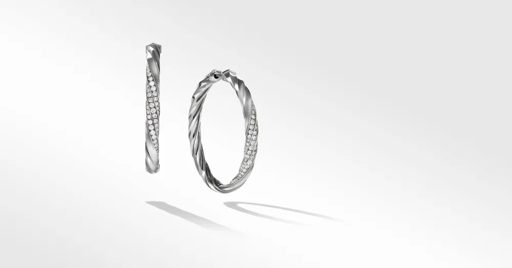 Cable Edge™ Hoop Earrings in Recycled Sterling Silver with Pavé Diamonds