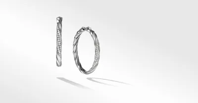 Cable Edge™ Hoop Earrings in Recycled Sterling Silver with Pavé Diamonds