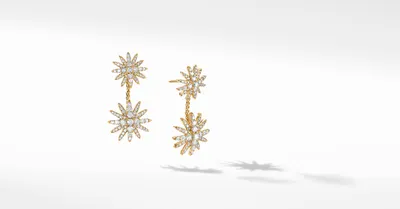 Starburst Double Drop Earrings in 18K Yellow Gold with Full Pavé Diamonds