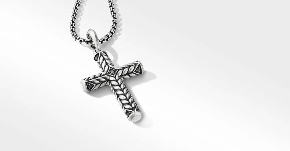Chevron Sculpted Cross Pendant in Sterling Silver with Pavé Black Diamonds