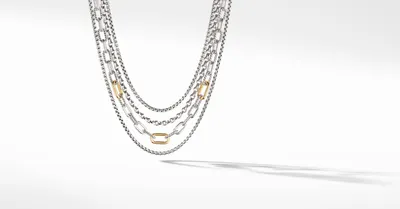 Four Row Mixed Chain Bib Necklace in Sterling Silver with 18K Yellow Gold