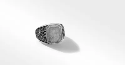 Heirloom Signet Ring Sterling Silver with Meteorite and Pavé Black Diamonds