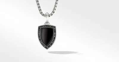 Shield Amulet in Sterling Silver with Black Onyx and Pavé Black Diamonds